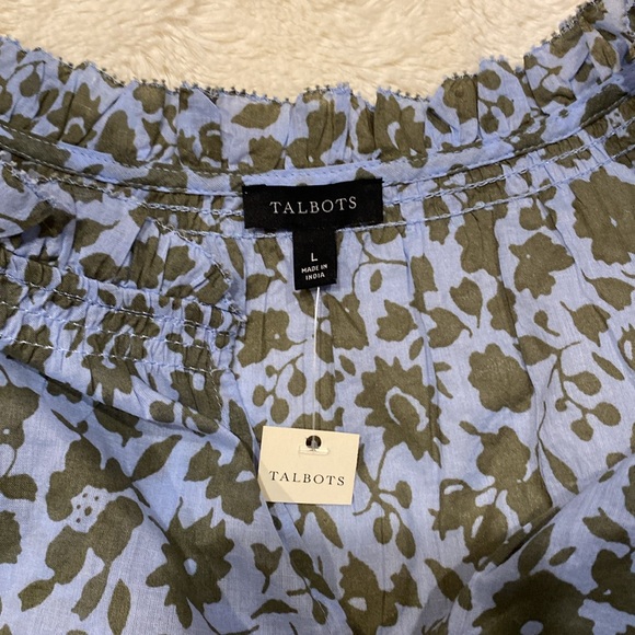 Talbots blue with green floral print cotton blouse with long sleeves size Large - Picture 7 of 11